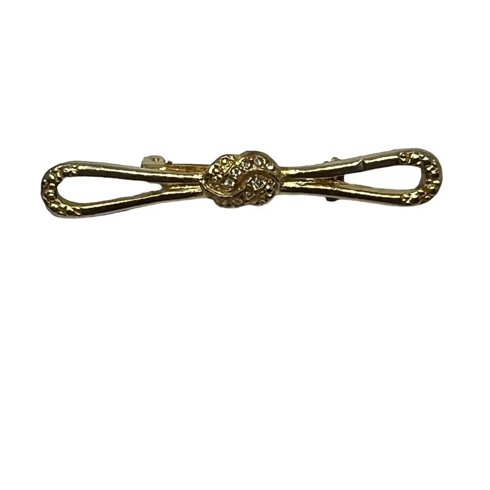Vintage Bar Brooch Clear Rhinestone and Gold‎ Tone Bow Pin